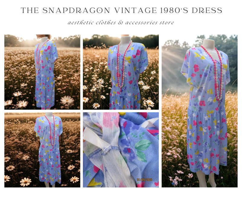 VINTAGE 1980'S UNKNOWN BRAND - SKY BLUE CRIMSON/YELLOW/WHITE FLOWER DRESS WITH GATHERED BOTTOM