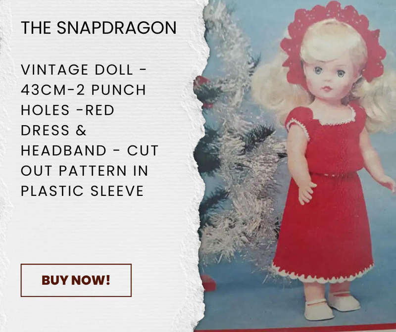 VINTAGE 43 CM DOLL KNITTING PATTERN - BLOUSON DRESS AND FANCY HAIR - CUT OUT AND IN A PLASTIC SLEEVE