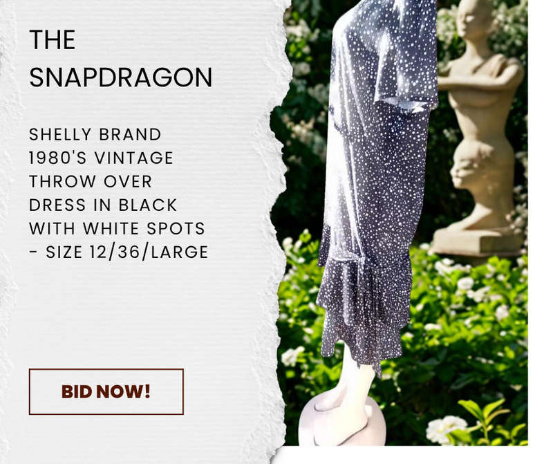 SHELLY BRAND - VINTAGE 1980'S THROW OVER DRESS IN SILKY POLYESTER FABRIC BLACK WITH WHITE DOTS