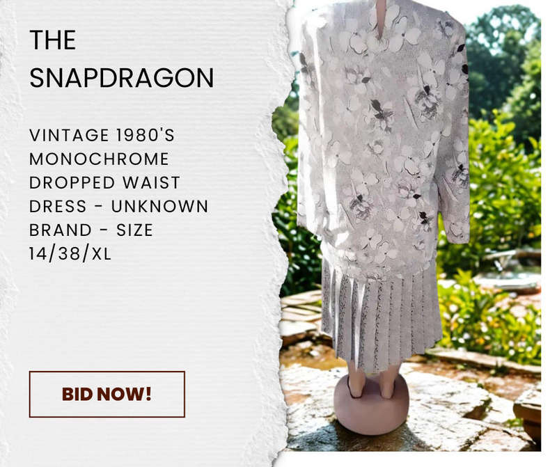 UNKNOWN BRAND - VINTAGE DROPPED WAIST MONOCHROME 1980'S DRESS
