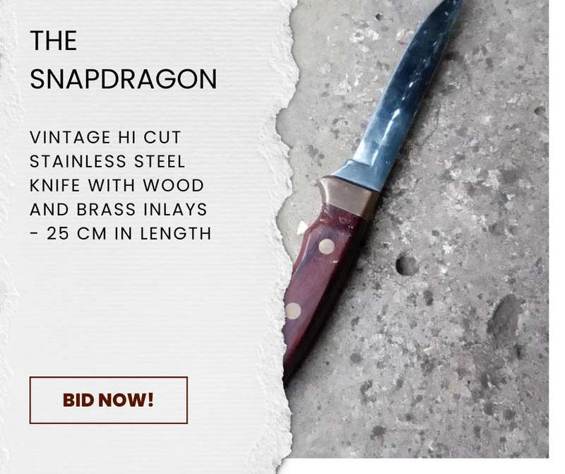 VINTAGE HI CUT STAINLESS STEEL KNIFE WITH WOOD AND BRASS INLAYS 25 CM