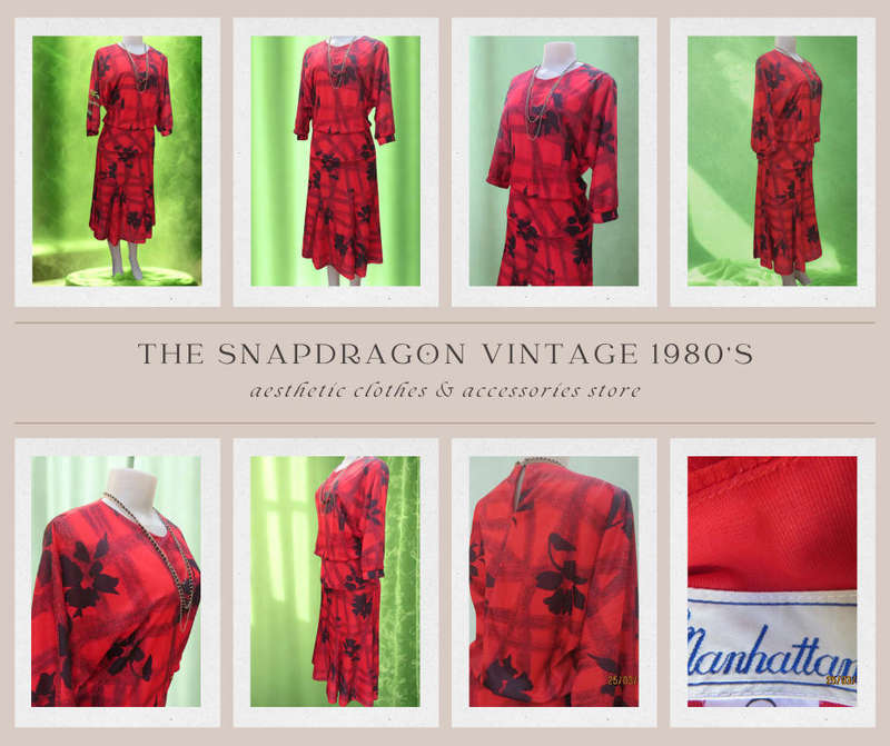MANHATTAN BRAND 1980'S VINTAGE RED DRESS WITH LARGE BLACK FLOWERS