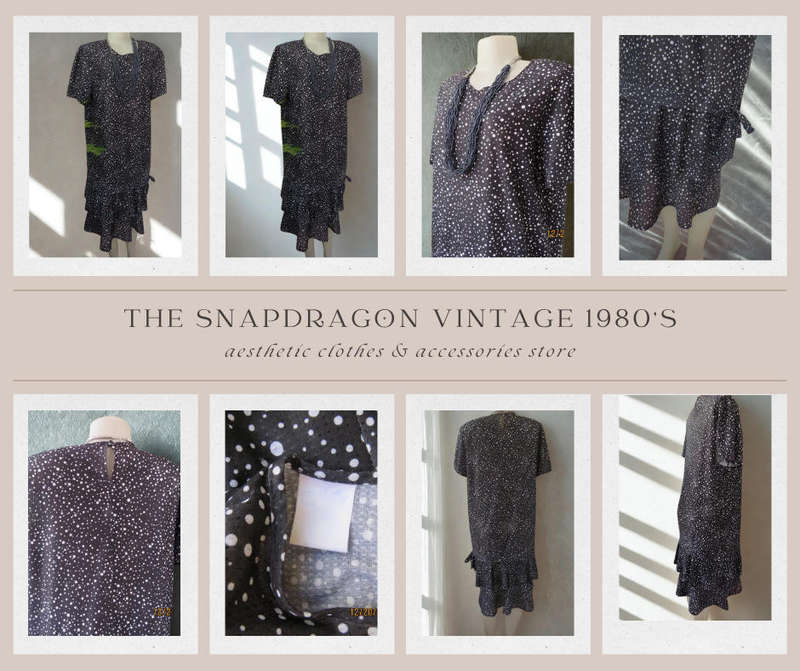 VINTAGE 1980'S BLACK DRESS WITH WHITE DOTS - FRILLED BOTTOM AND SIDE BAND