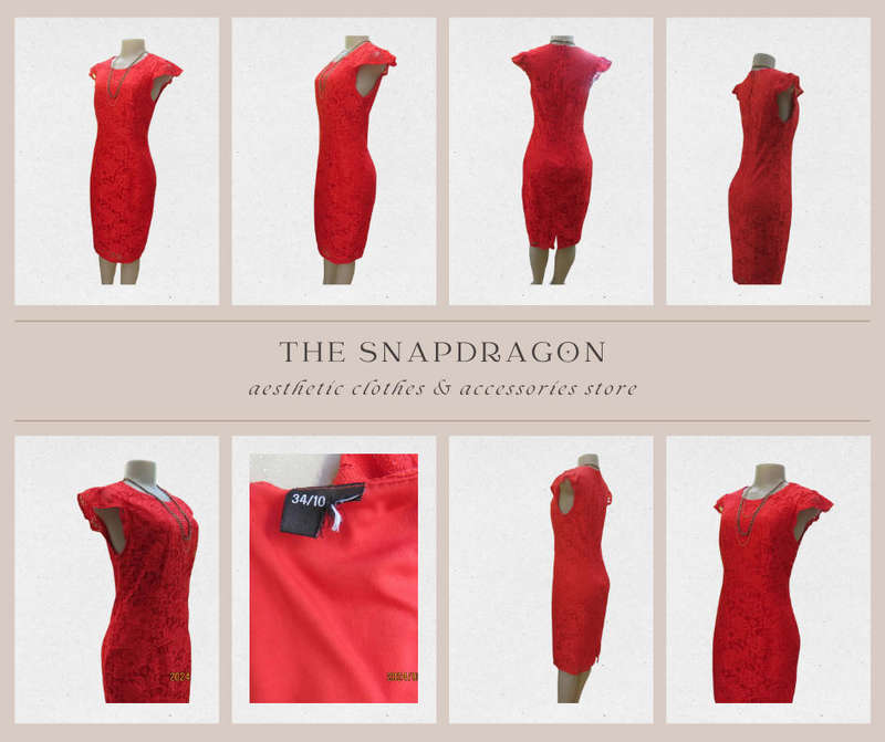 VINTAGE STUNNING RED BODYCON LACE DRESS WITH TINY SLEEVES.