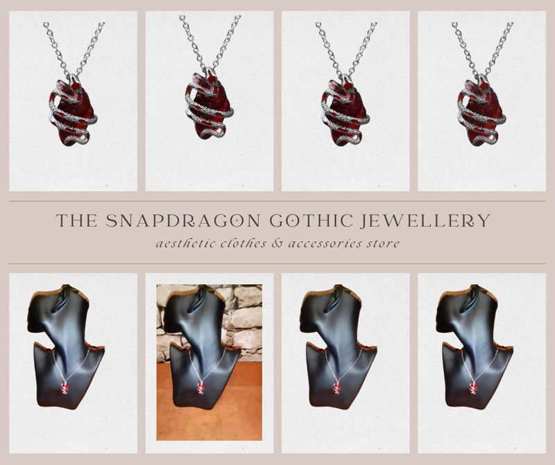 A Bold & Unique Gothic Dark Resin Heart-shaped Snake Pendant Necklace