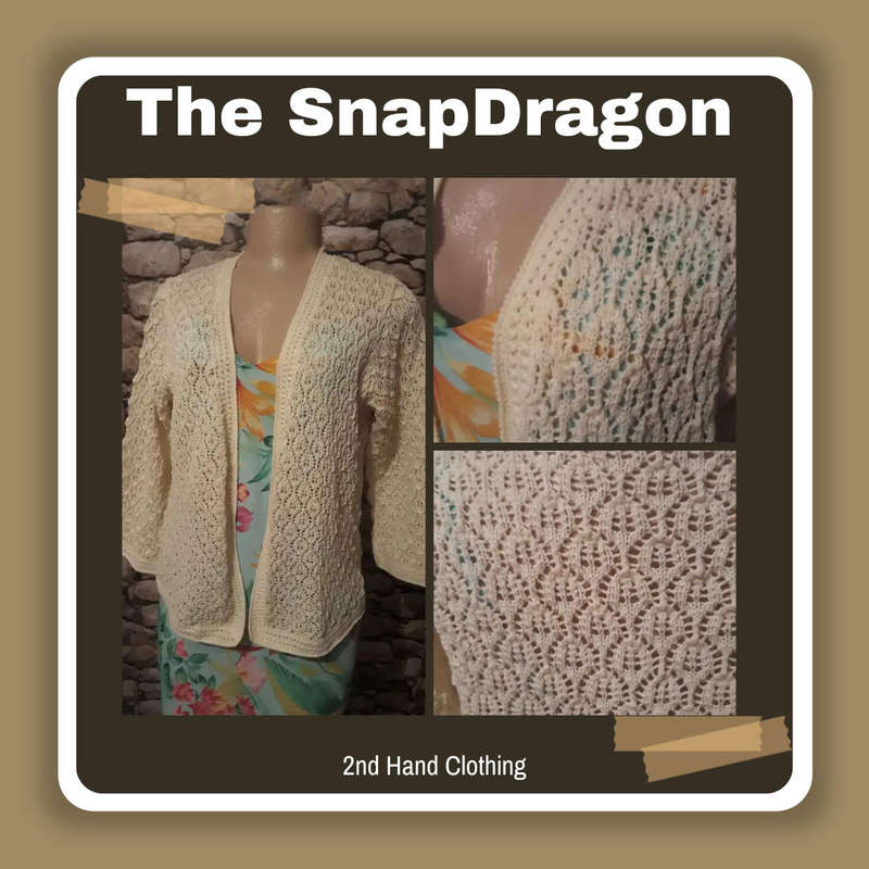 Vintage Hand knitted cardigan in vanilla in Leaf Lace Pattern and Crochet edge - size 10/34/Medium