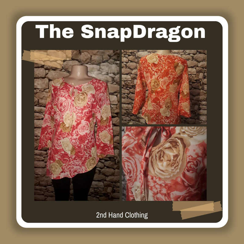 VINTAGE High/low throw over 100% polyester top with crimson, beige and brown flowers.