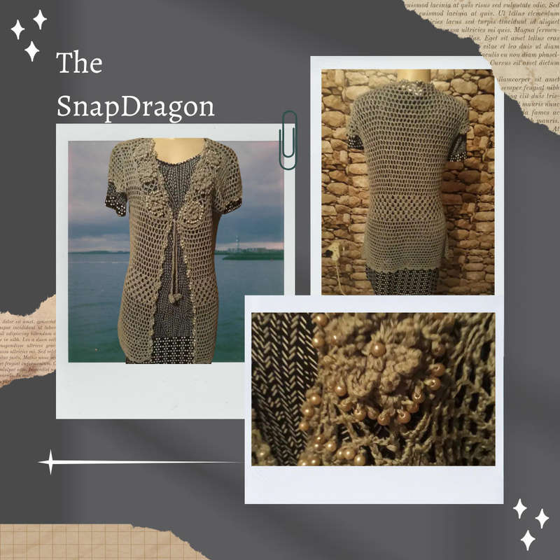 STUNNING CROCHET GREY COVER UP WITH CAPPED SLEEVES AND LOTS OF BEADED DETAIL - SIZE 12/36/L