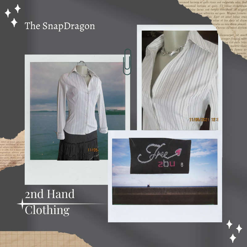 Real smart long sleeve white with thin black vertical stripes top - V neck with Johnny collar