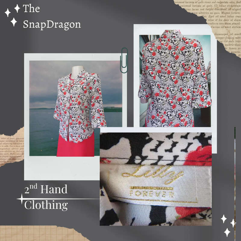 LILLY FOREVER BRAND - Smart white tailored button down top with black design/red roses - SIZE 12/36/