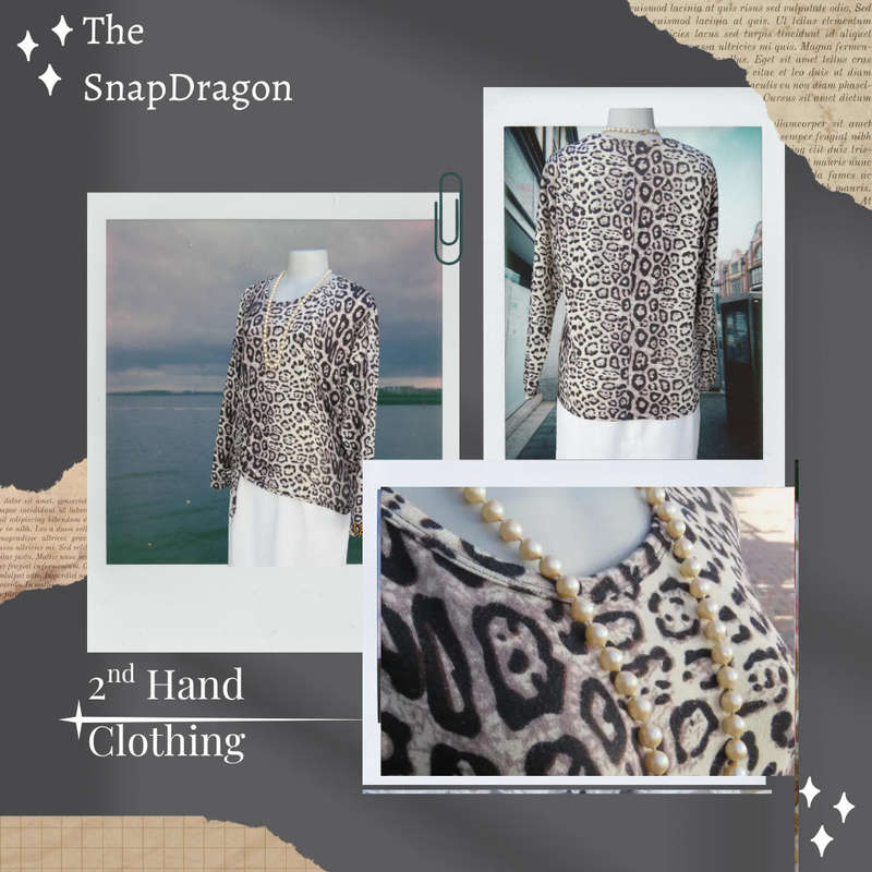 Eye-catching cream/black warm long sleeve animal print slip over top - Size 12/36/Large