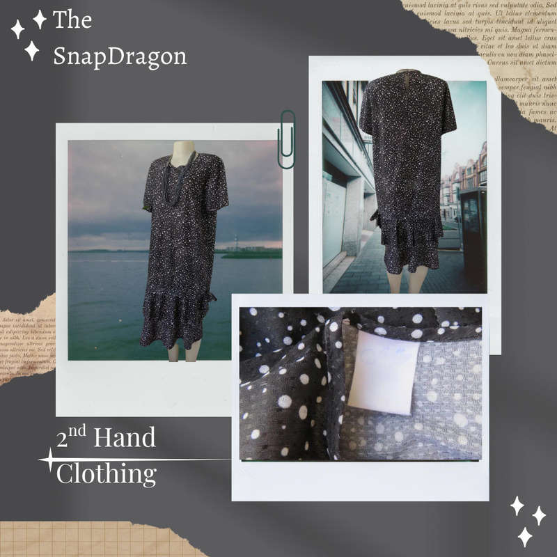 Vintage 1980'S Black textured silky polyester with white dots dress - Double frills at bottom-band.