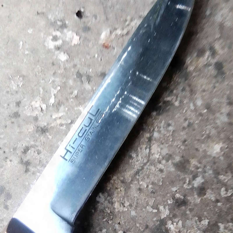 VINTAGE HI CUT STAINLESS STEEL KNIFE WITH WOOD AND BRASS INLAYS 25 CM