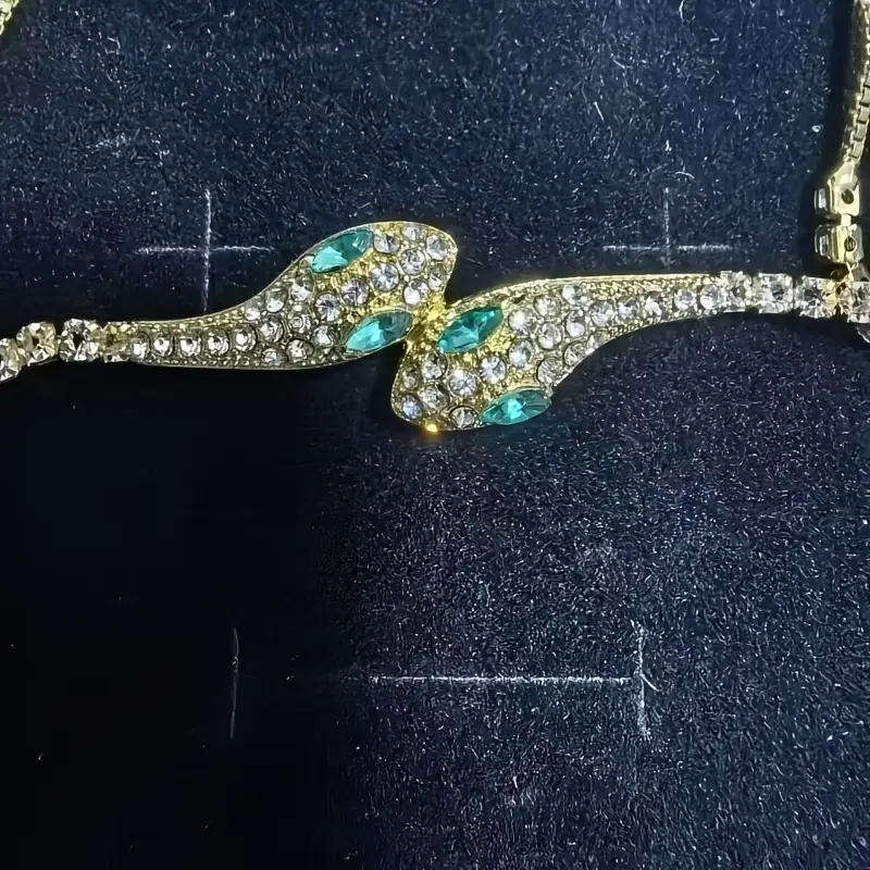 Golden Double-Headed Snake Bracelet for Women | Alloy with Green Accents | Sparkling Rhinestones