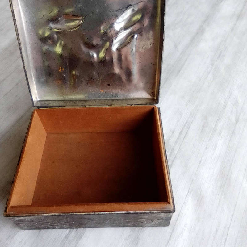 Vintage, Crane Cigarette Box- Lidded, Metal Box with Embossed Design- Wood Lined- Cranes ect