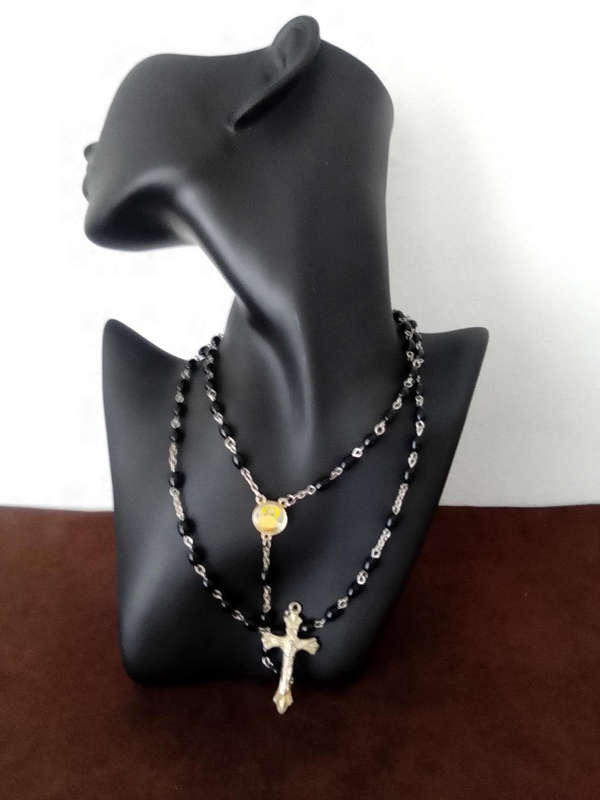 VINTAGE BLACK HEMATITE BEADS WITH JERUSALEM SILVER CROSS - JESUS MEDALION SACRED HEART/ALPHA & OMEGA