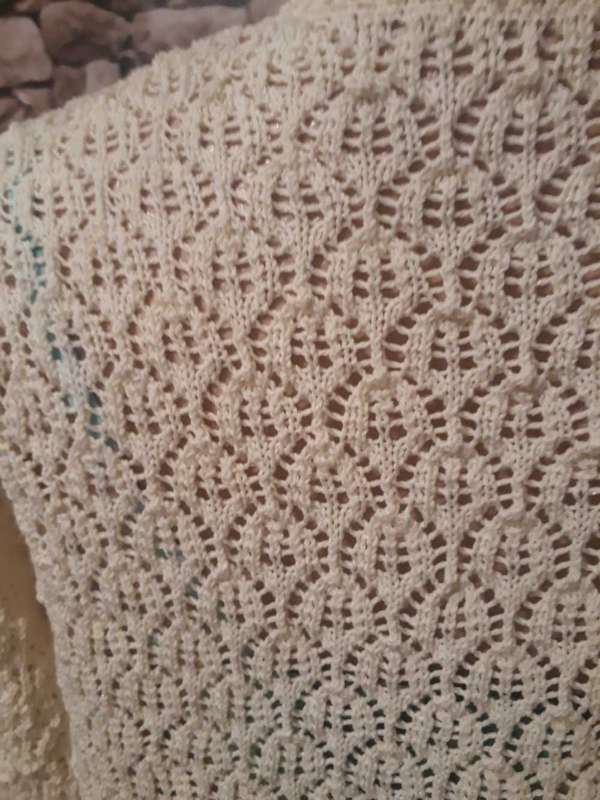 Pretty open cardigan in vanilla colour knitted in Leaf Lace Pattern and Crochet edge