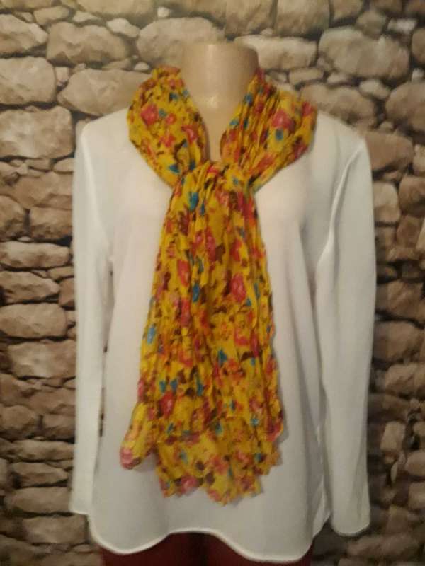 WRINKLED SHEER YELLOW FLOWER PATTERN SCARF IN AS NEW CONDITION