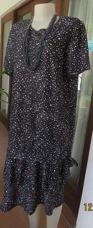 VINTAGE BLACK SILKY POLYESTER DRESS WITH WHITE DOTS WITH DOUBLE FRILLED BOTTOM - SIZE 14/38/XL.