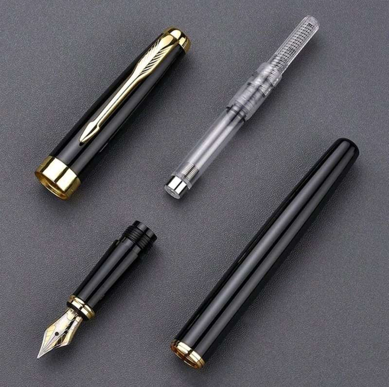 Vintage Black & Gold Fountain Pen with 12 Black Ink Refills