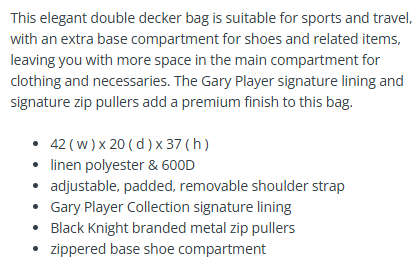 GOLF - Gary Player Collection Double-Decker Golf Duffel Bag