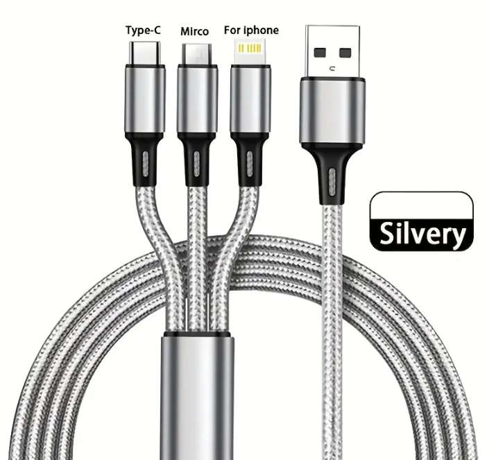 Nylon Braided 3-in-1 Multi-Device USB Charging Cable (Silver)