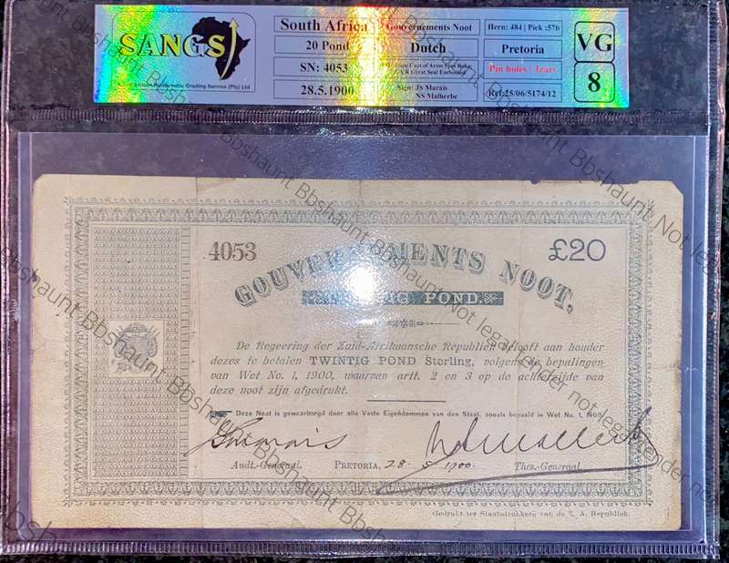Z.A.R Graded Pretoria 20 pound Government Noot 28-05-1900 cape coat of arm wtm printed Z.A.Republiek
