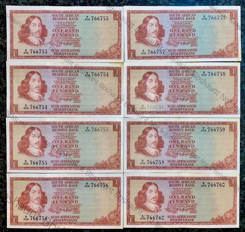 TW De Jongh. R1 in sequence B406 /766753-760 unc-aunc 3rd issue 1975 (1 bid takes all )