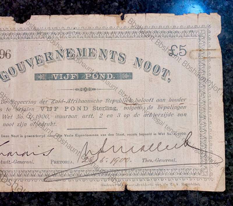 Z.A.R Pretoria 5 pound Government Noot wtm Cape of Good hope -missing NO prefix- 11296 spade Boarder