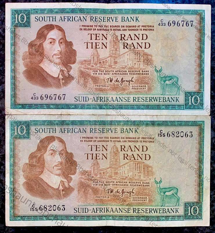 Tw De Jongh. R10 Springbuck & Van Riebeeck wtm 1967-1975 (1 bid takes all)