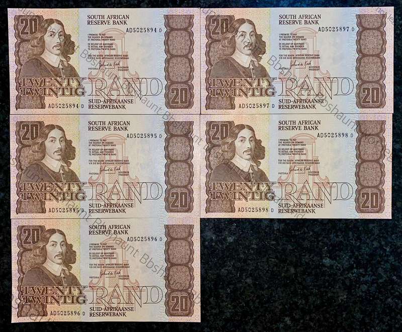 GPC De Kock. R20 in sequence AD5025894-898 UNC 3rd issue 1990 (1 bid takes all )