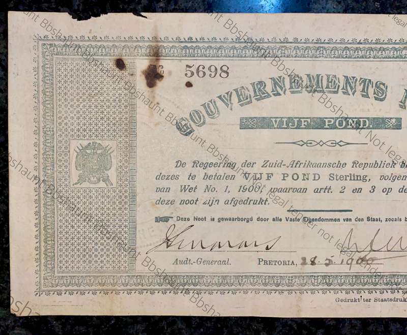 Z.A.R Pretoria 5 pound Government Noot 28-5-1900 - missing NO prefix - 5698 Star Boarder