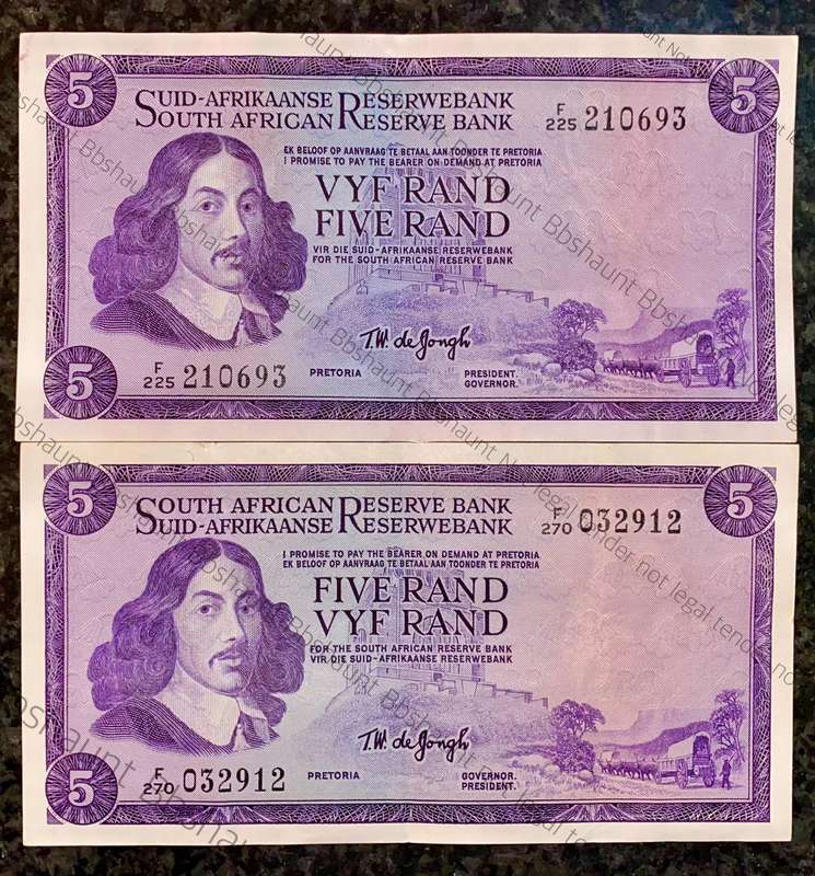 Tw De Jongh. R5 springbuck & van Riebeeck wtm 1967/1976 (1 bid takes all)