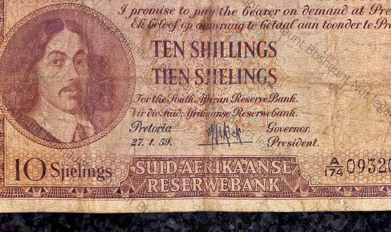 Mh De Kock. 10 shillings 27-1-1959 -- A174