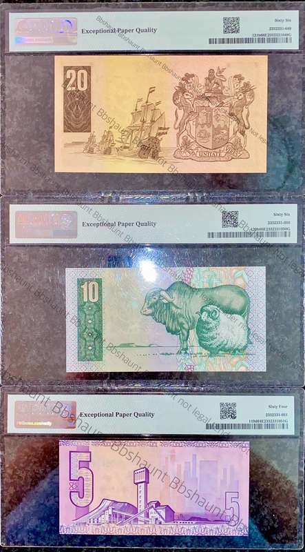 GPC De Kock Graded Low Matching No -000104 First Issue R20, R10 & R5 Graded Gem UNC EPQ 66 & 64 PMG