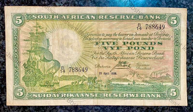 J POSTMUS 5 POUND 21 APRIL 1938 E/A B14 /788649 FIRST ISSUE VAN RIEBEECK WTM
