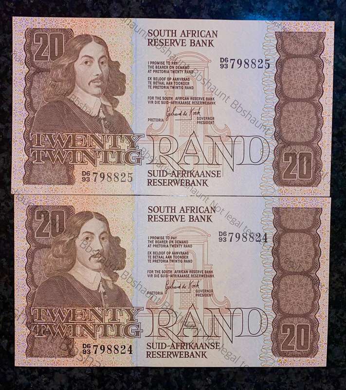 GPC De Kock. R20 in sequence D6 93/798825-824 UNC 3rd issue 1984 (1 bid takes all )