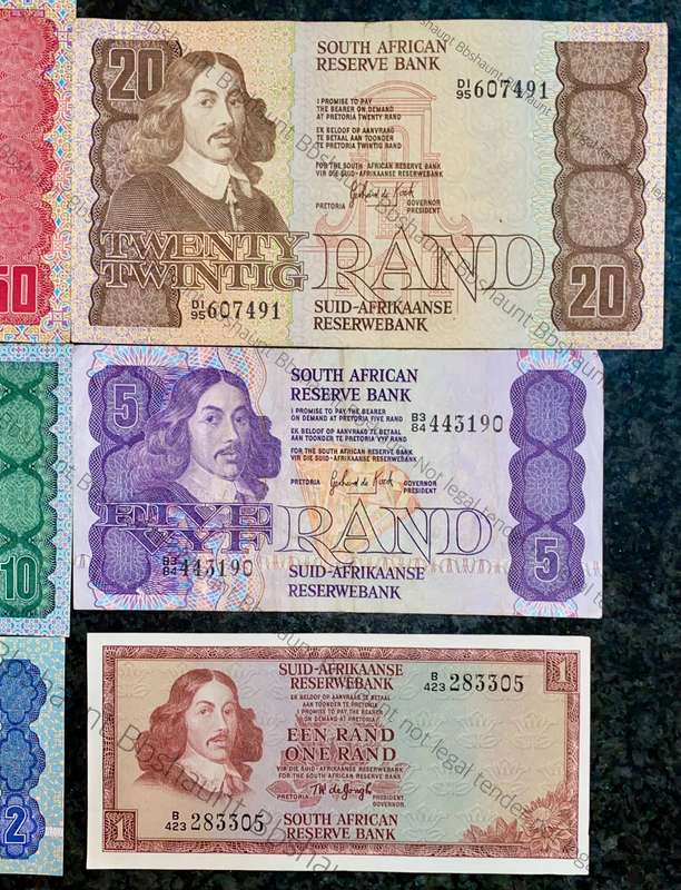 COMPLETE SET OF GPC DE KOCK & DECIMALS R50 TO R2 - 1980s (R1 TW DE JONGH 1975)- (1 BID TAKES ALL)