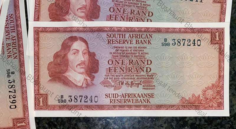 TW De Jongh. R1 in sequence B598 /387240-290 unc-aunc 3rd issue 1975 including a replacement note
