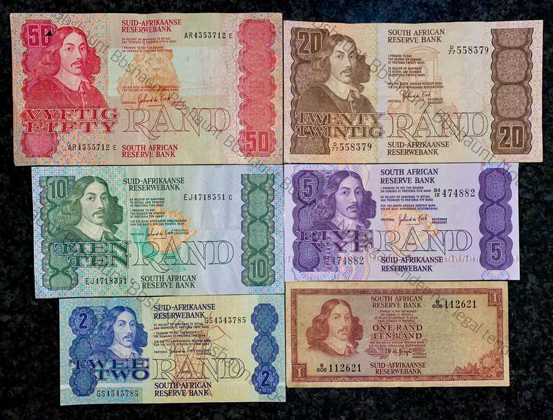 Complete Set GPC De Kock & decimals R50 TO R2 - 1980s (R1 de Jongh 1975) (1 bid takes all)