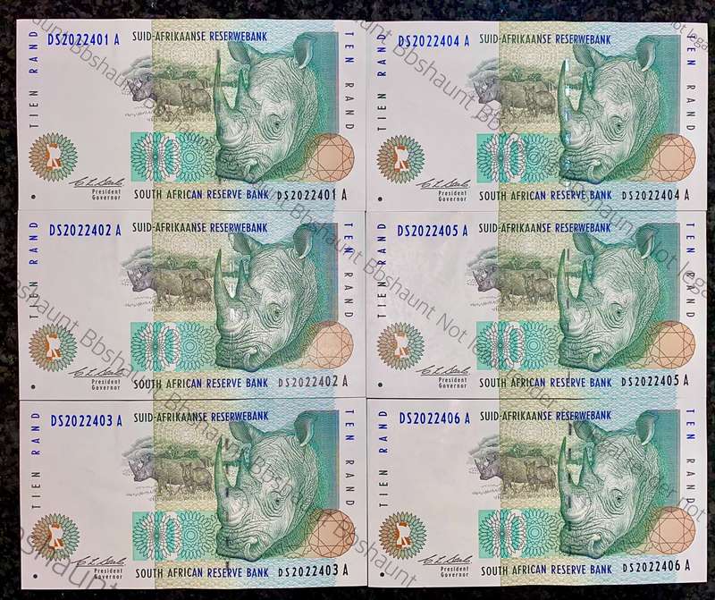 CL Stals. R10 -- in sequence DS2022401-406 Elephant wtm 2nd issue 1993 unc-aunc (1 bid takes all)