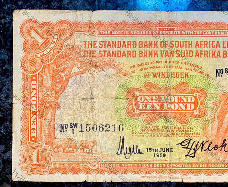 South West Africa 1 pound 15th June 1959 Standard Bank