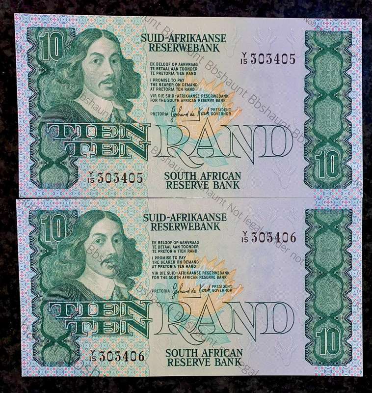 Replacement Note. GPC De Kock R10 in seq Y15 /303405-406 aunc 2nd issue 1982(1 bid takes all)