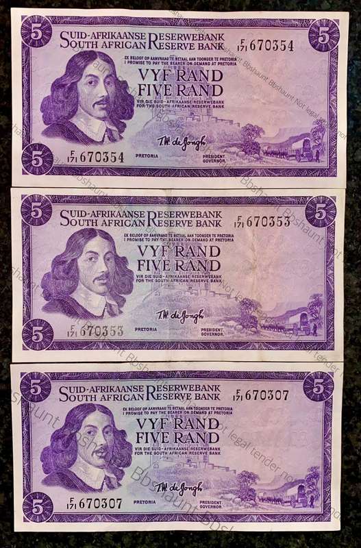 TW De Jongh R5 in seq F171 /670353-354 & 307 Springbuck wtm 1st issue 1967(1 bid takes all)