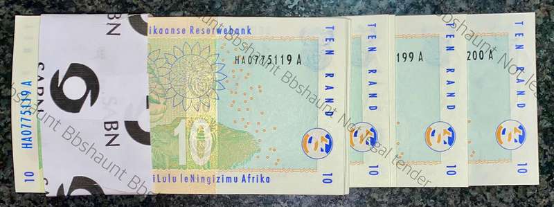 TT Mboweni Pack R10 in seq HA0775119-200 -- 82 note 2nd issue 2004 Rhino wtm with original bank band