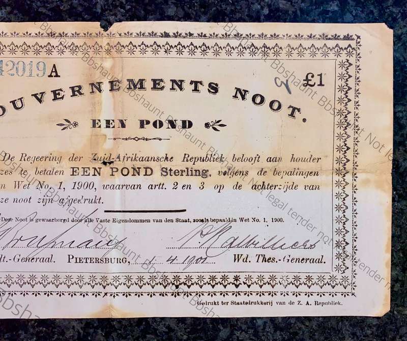 Z.A.R Pietersburg 1 pound Government Noot 1901 wtm Monckton kent (1 bid takes all)