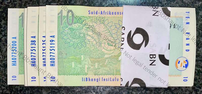 TT Mboweni Pack R10 in seq HA0775119-200 -- 82 note 2nd issue 2004 Rhino wtm with original bank band