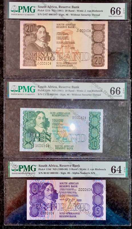 GPC De Kock Graded Low Matching No -000104 First Issue R20, R10 & R5 Graded Gem UNC EPQ 66 & 64 PMG
