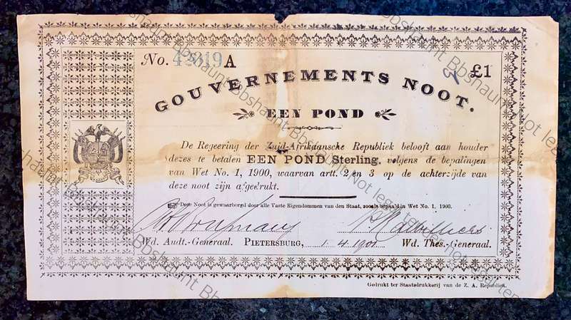 Z.A.R Pietersburg 1 pound Government Noot 1901 wtm Monckton kent (1 bid takes all)