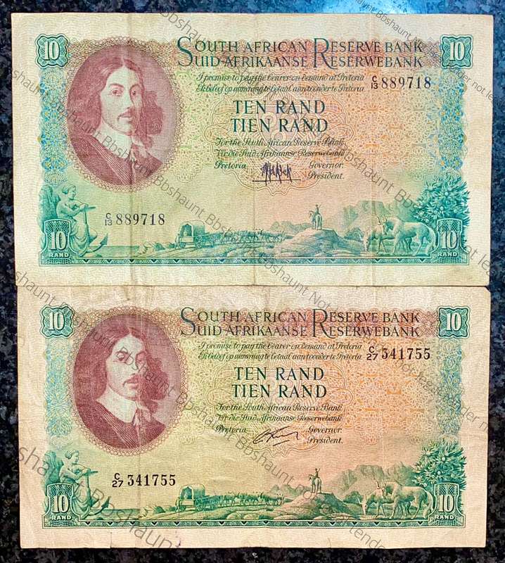 SET OF R10 NOTES BOTH GOVERNORS MH DE KOCK 1961 & G RISSIK 1962(1 BID TAKES ALL)